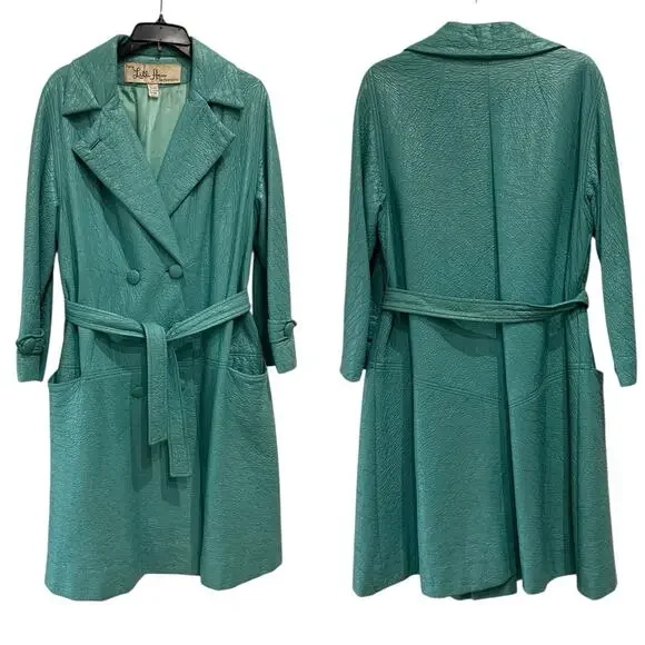 Vintage 1960s Lilli Ann Faux Leather Turquoise Coat Belted Mod Jacket | XL - - Picture 3 of 5